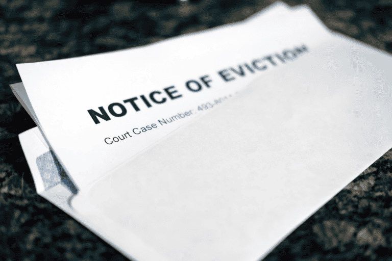 Landlord reviewing an eviction notice and lease, illustrating the eviction process in Alberta